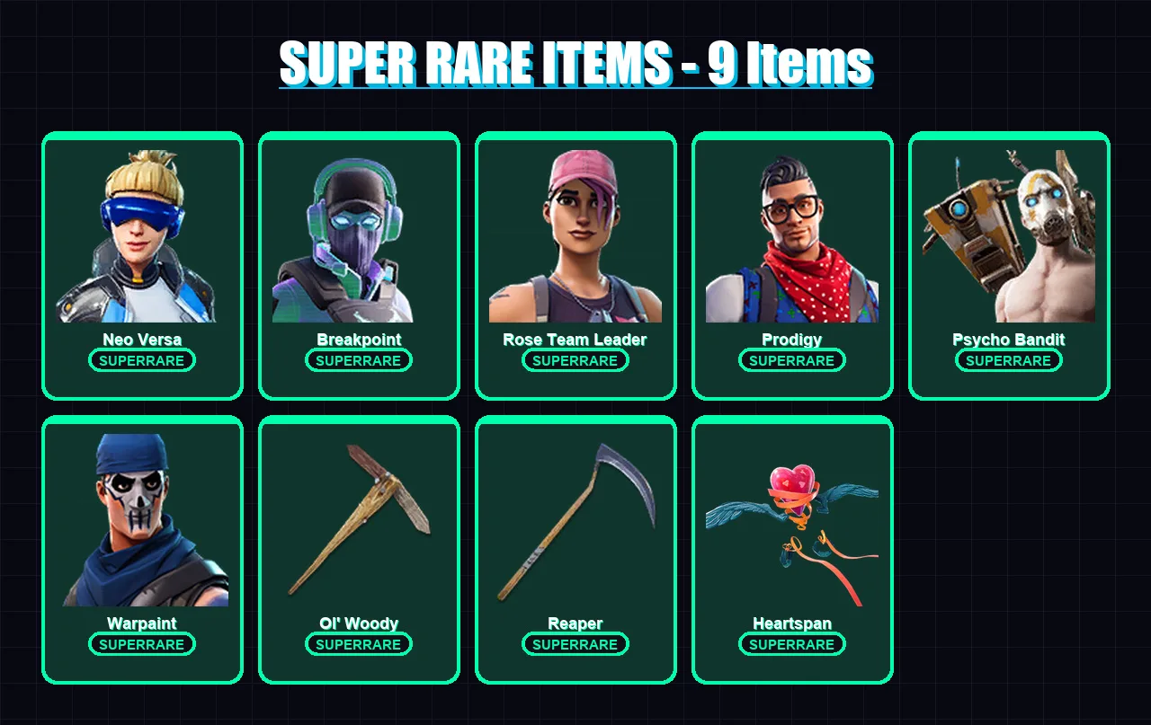 [PC/XBOX/PSN] | Neo Versa | Breakpoint | Rose Team Leader | Prodigy | Psycho Bandit | 97 skin | 77 pickaxe | 70 emote | 62 glider | Lv750