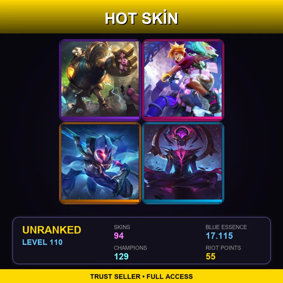 EUNE | Lv110 | Unranked | 94 Skin | 129 Champ — LoL account
