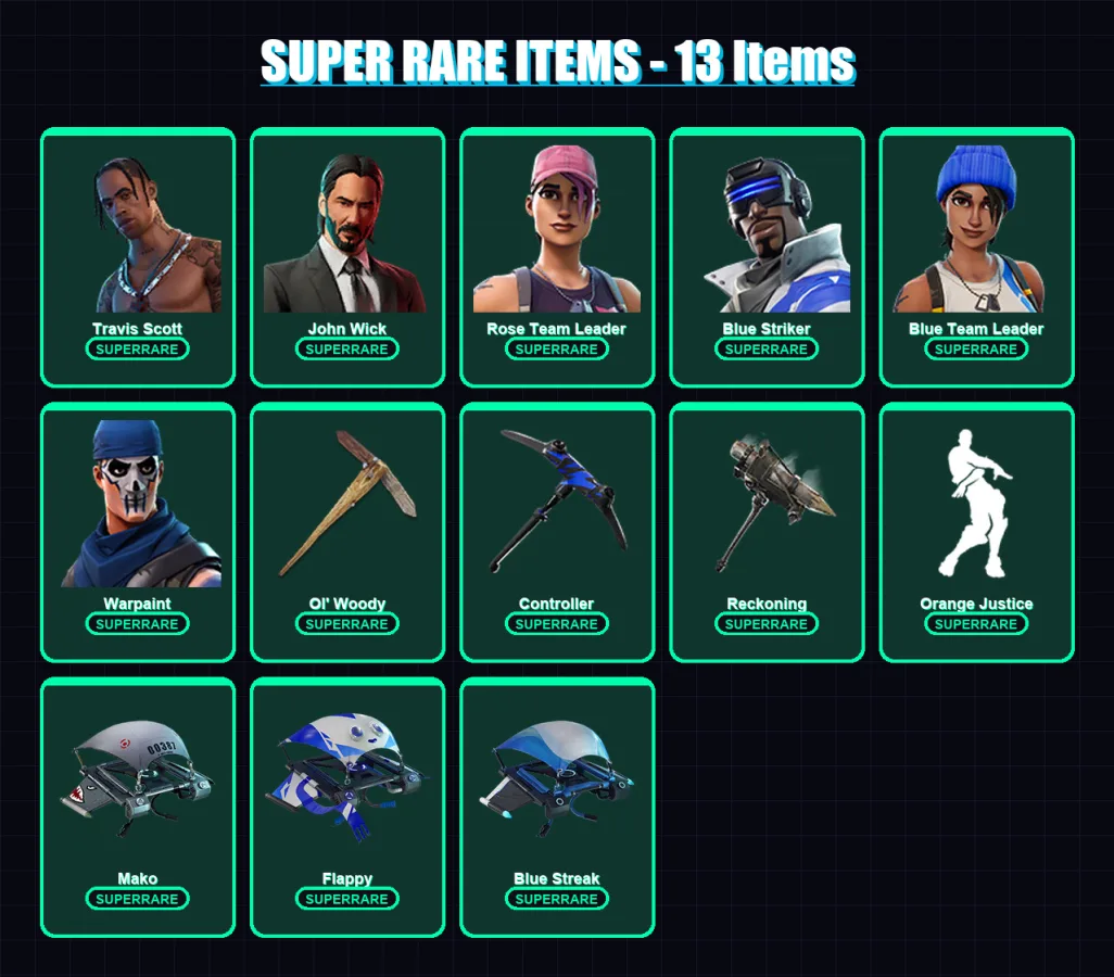 [PS4/PS5/XBOX/PC] | Travis Scott | Omega | John Wick | Rose Team Leader | Blue Striker | 80 skin | 60 pickaxe | 73 emote | 72 glider | Lv923