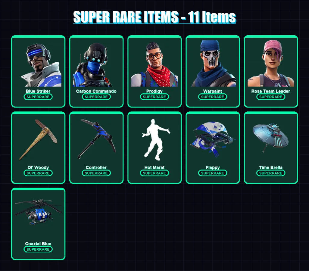[SWITCH/XBOX/PC] | Blue Striker | Carbon Commando | Prodigy | Warpaint | Rose Team Leader | 21 skin | 38 pickaxe | 34 emote | 44 glider | Lv637