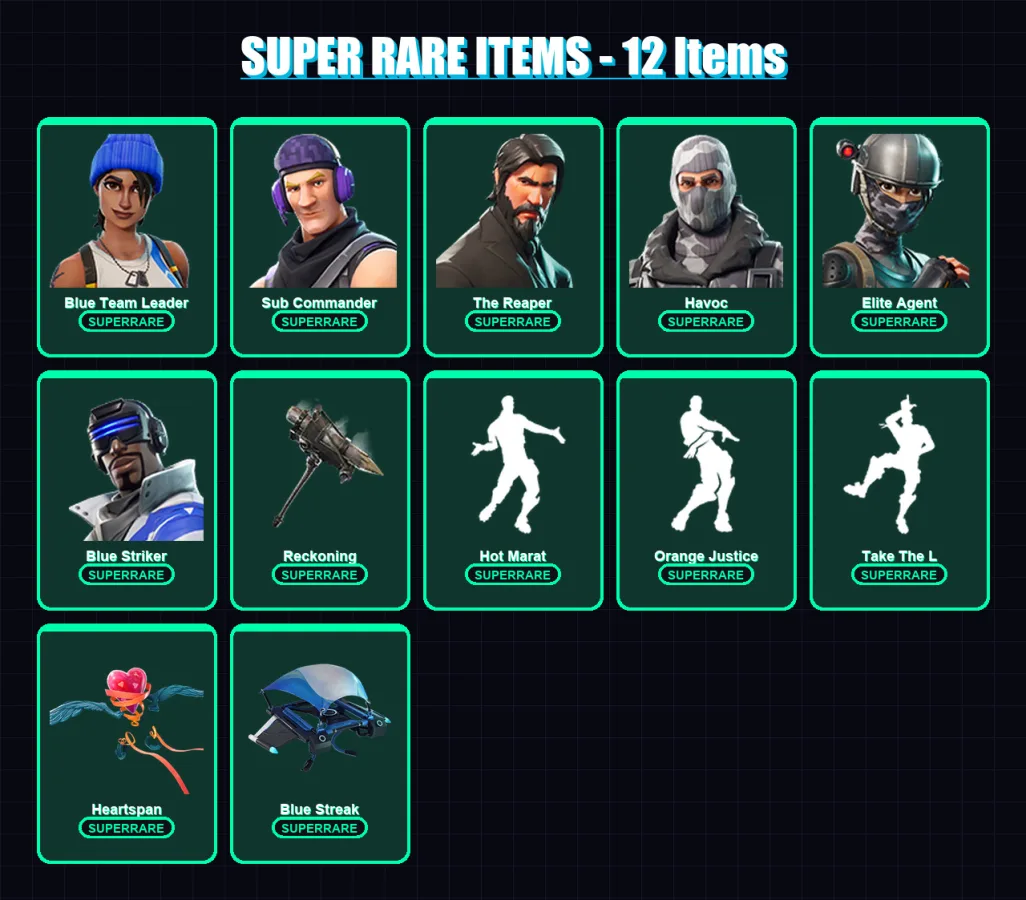 [PC/XBOX] | Blue Team Leader | Sub Commander | The Reaper | Havoc | Elite Agent | 54 skin | 35 pickaxe | 46 emote | 40 glider | Lv542