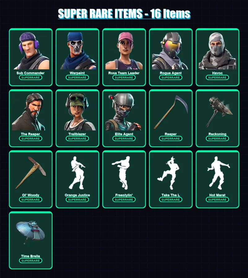[PC] | Sub Commander | Warpaint | Rose Team Leader | Rogue Agent | Havoc | 148 skin | 146 pickaxe | 112 emote | 116 glider | Lv1502
