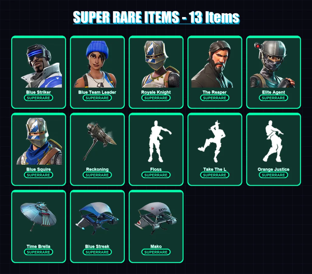 [PC/XBOX] | Blue Striker | Blue Team Leader | Royale Knight | The Reaper | Elite Agent | 53 skin | 39 pickaxe | 57 emote | 49 glider | Lv655 — Fortnite account