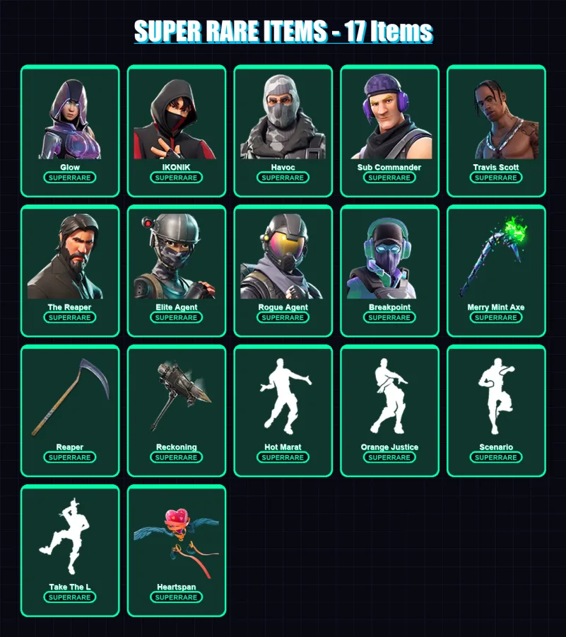 [PC] | Glow | IKONIK | Havoc | Sub Commander | Travis Scott | 239 skin | 132 pickaxe | 119 emote | 112 glider | Lv1795