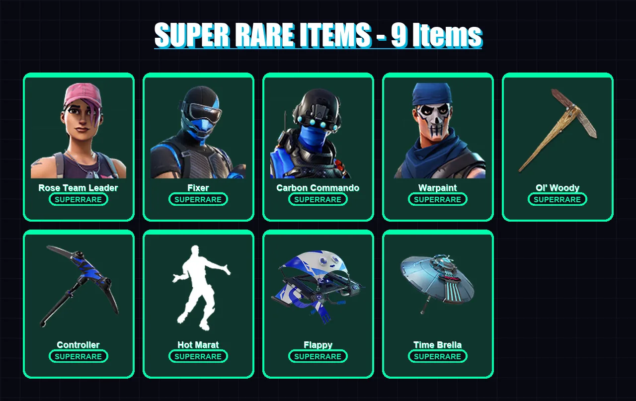[PC] | Rose Team Leader | Fixer | Carbon Commando | Warpaint | Oppressor | 106 skin | 99 pickaxe | 83 emote | 86 glider | Lv1042