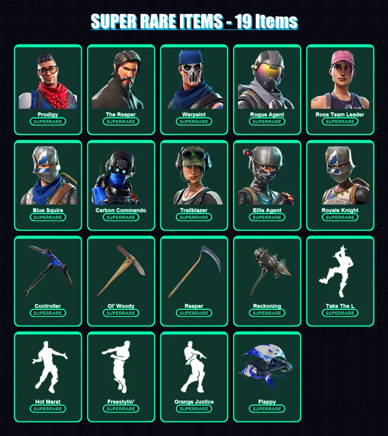 [PC/XBOX/PSN] | Prodigy | The Reaper | Warpaint | Rogue Agent | Rose Team Leader | 80 skin | 50 pickaxe | 85 emote | 59 glider | Lv728
