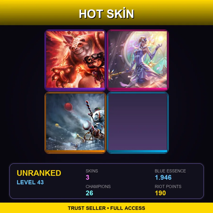 EUW | Lv43 | Unranked | 3 Skin | 26 Champ — LoL account