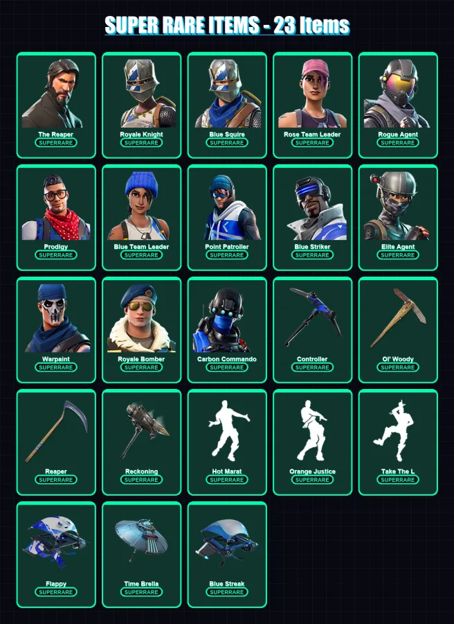 [PS4/PS5/XBOX/PC] | The Reaper | Royale Knight | Blue Squire | Reflex | Rose Team Leader | 107 skin | 76 pickaxe | 120 emote | 87 glider | Lv1079