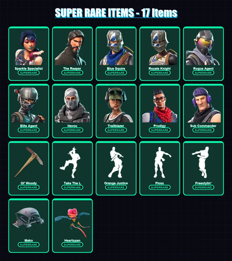 [PC] | Sparkle Specialist | The Reaper | Blue Squire | Royale Knight | Rogue Agent | 101 skin | 117 pickaxe | 117 emote | 90 glider | Lv1665