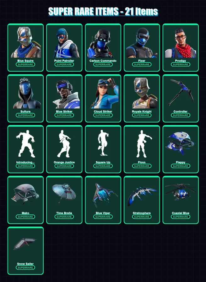 [PC/XBOX/PSN] | Blue Squire | Point Patroller | Carbon Commando | Fixer | Prodigy | 29 skin | 41 pickaxe | 46 emote | 57 glider | Lv856 — Fortnite account