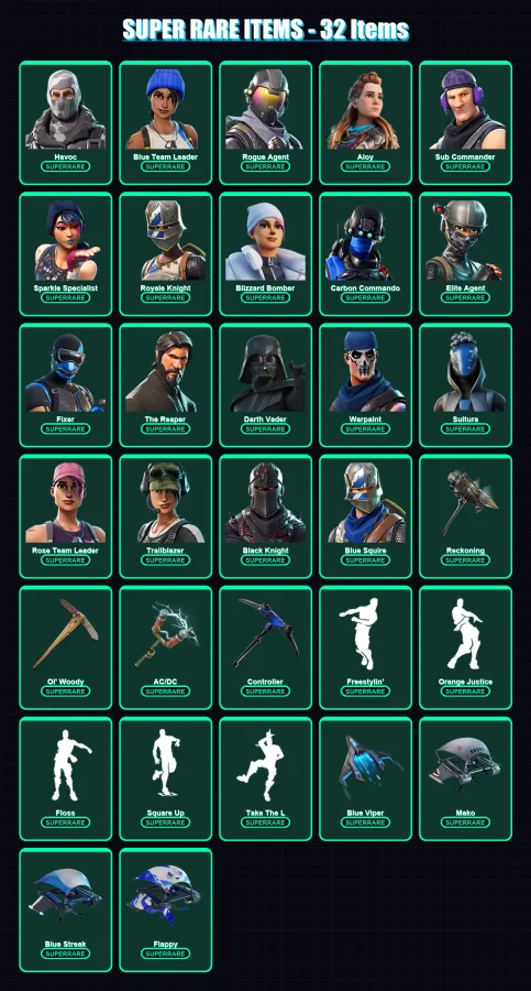 [PS4/PS5/XBOX/PC] | Havoc | Blue Team Leader | Rogue Agent | Aloy | Sub Commander | 181 skin | 149 pickaxe | 148 emote | 140 glider | Lv2627
