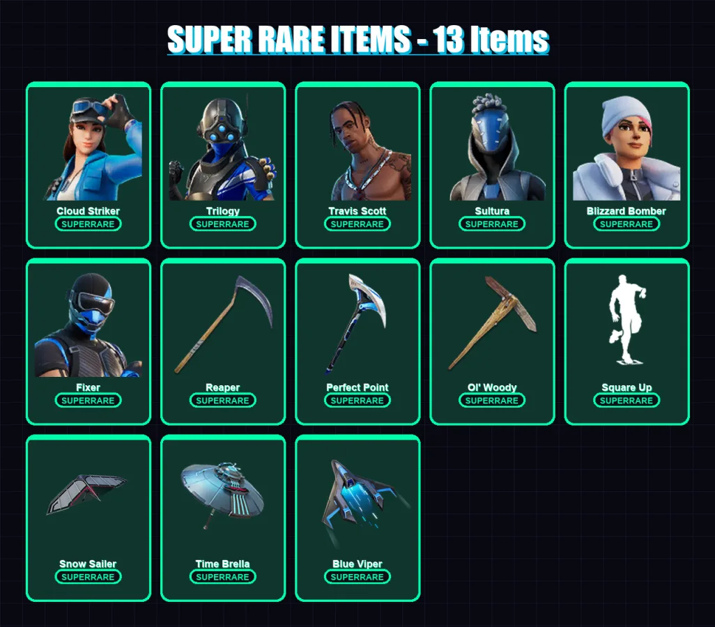 [PS4/PS5/XBOX/PC] | Cloud Striker | Trilogy | Travis Scott | Sultura | Blizzard Bomber | 141 skin | 199 pickaxe | 140 emote | 148 glider | Lv2467