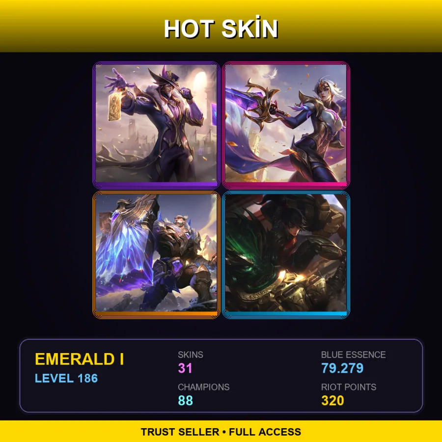 EUW | Lv186 | Emerald I | 31 Skin | 88 Champ