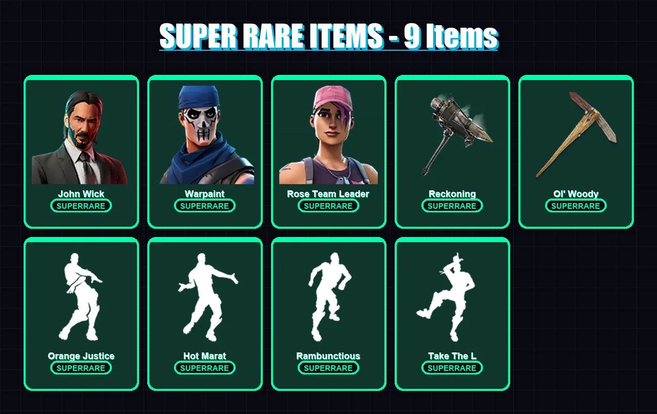 [PC/PSN] | John Wick | Warpaint | Rose Team Leader | The Prisoner | Blackheart | 119 skin | 100 pickaxe | 117 emote | 74 glider | Lv942