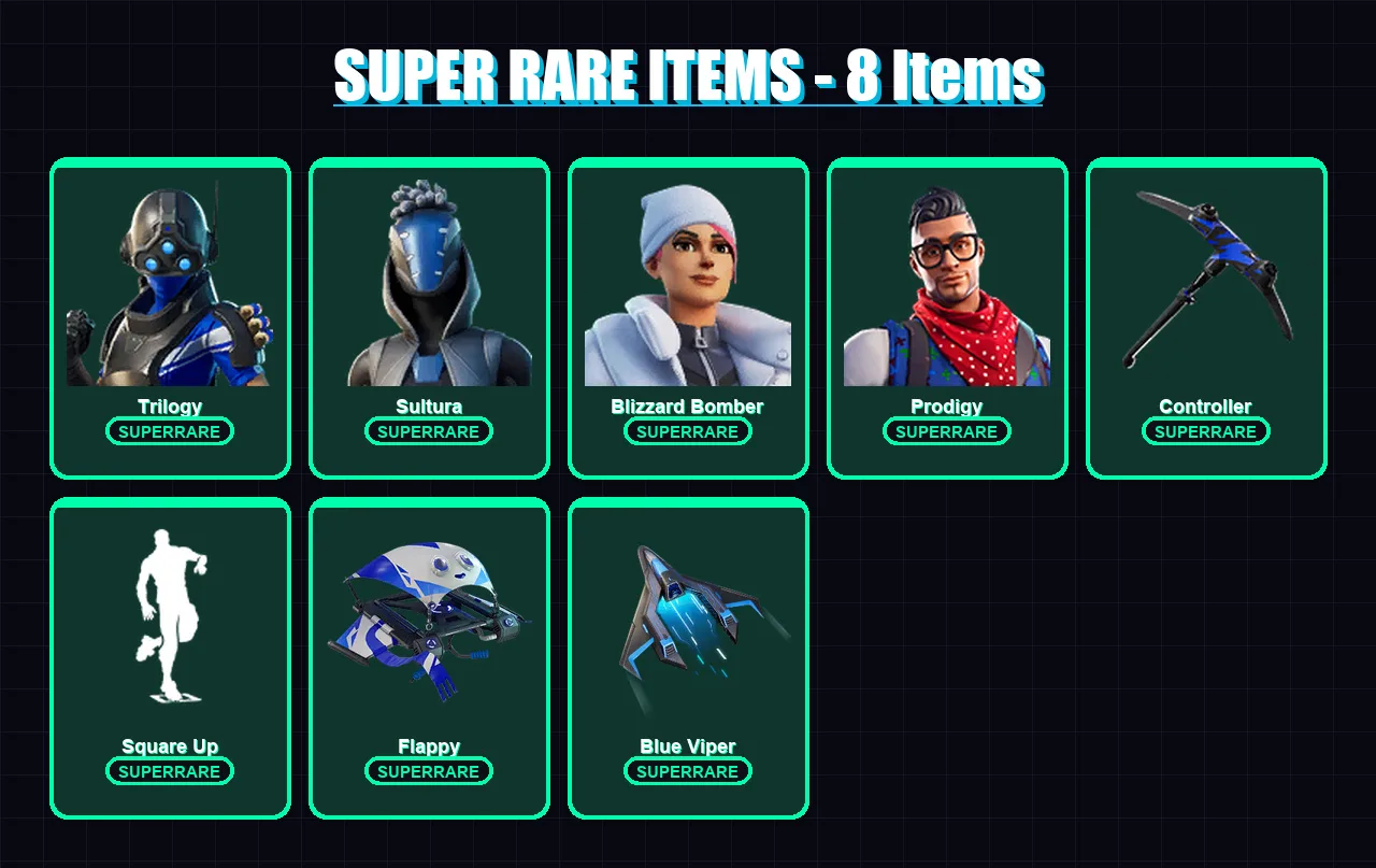 [PS4/PS5/XBOX/PC] | Trilogy | Sultura | Blizzard Bomber | Prodigy | Valeria | 60 skin | 72 pickaxe | 54 emote | 50 glider | Lv755