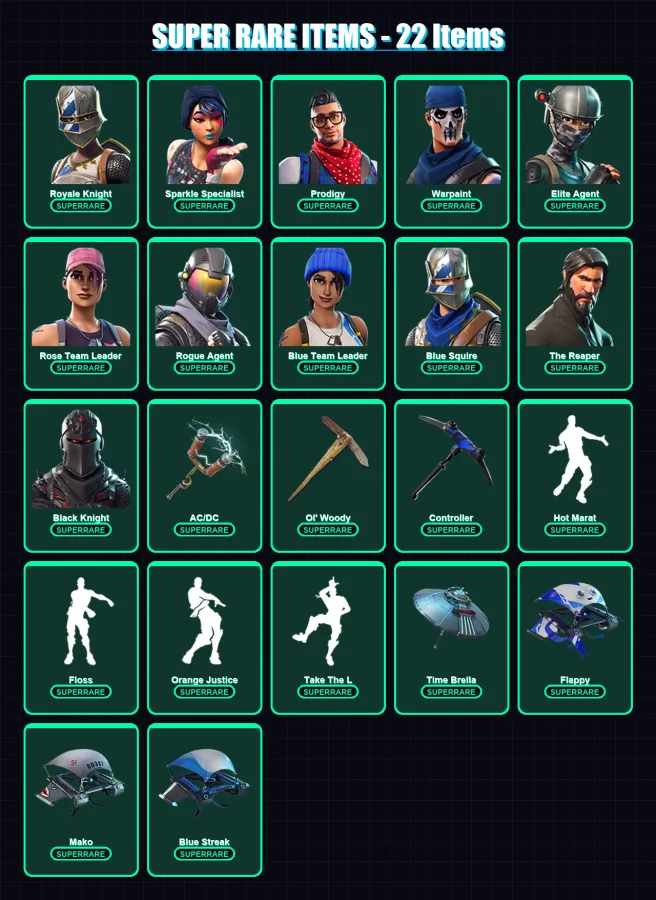 [PC] | Royale Knight | Sparkle Specialist | Prodigy | Warpaint | Elite Agent | 42 skin | 31 pickaxe | 47 emote | 41 glider | Lv595