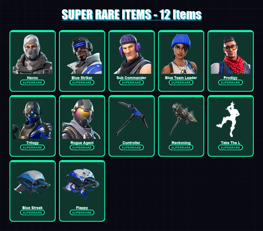 [PS4/PS5/XBOX/PC] | Havoc | Blue Striker | Sub Commander | Blue Team Leader | Prodigy | 40 skin | 23 pickaxe | 24 emote | 28 glider | Lv273