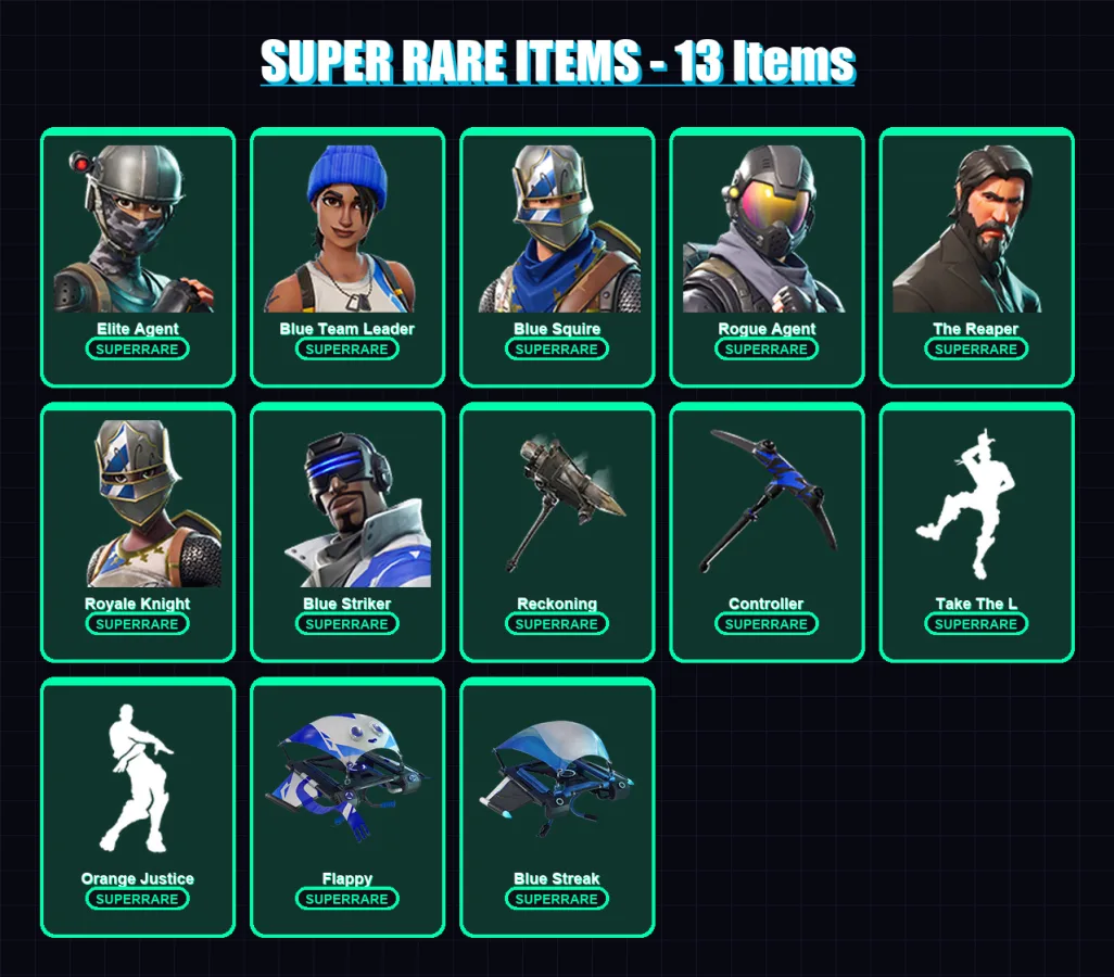 [PC] | Elite Agent | Blue Team Leader | Blue Squire | Rogue Agent | The Reaper | 42 skin | 85 pickaxe | 62 emote | 74 glider | Lv1439