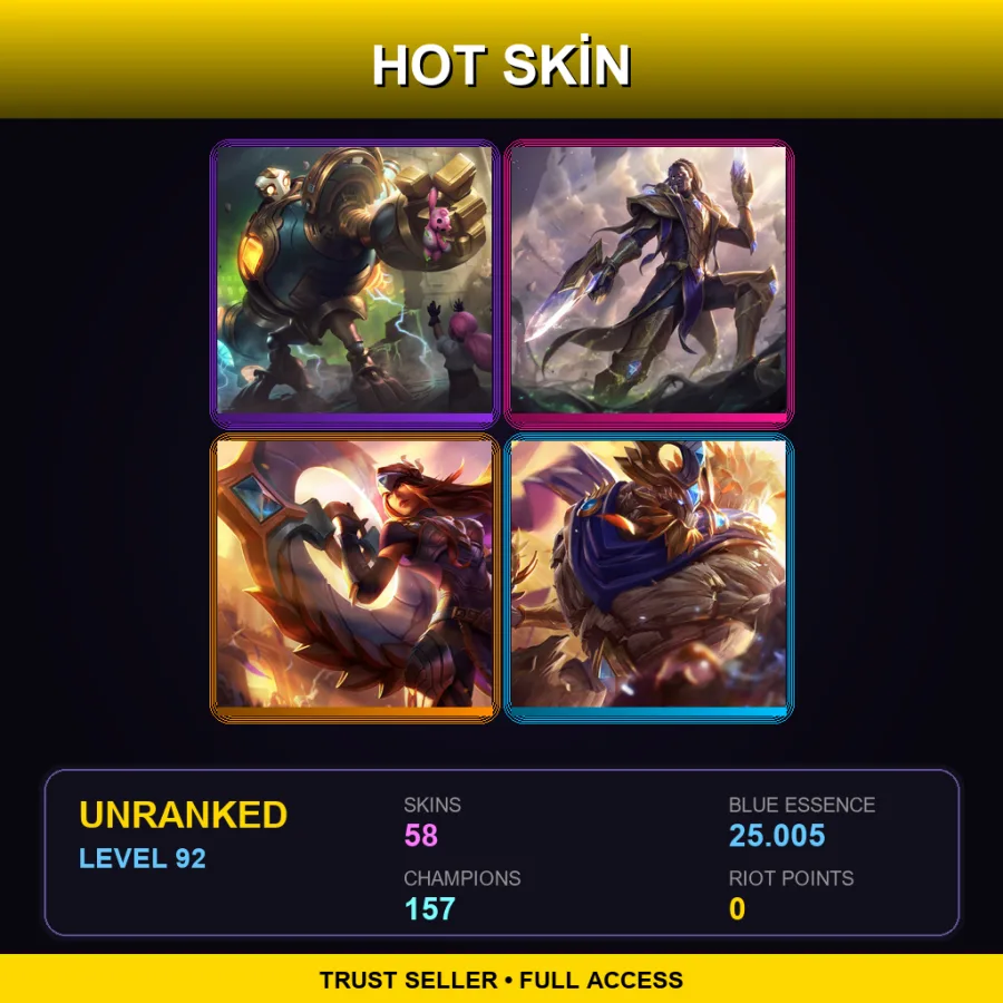 VN | Lv92 | Unranked | 58 Skin | 157 Champ — LoL account
