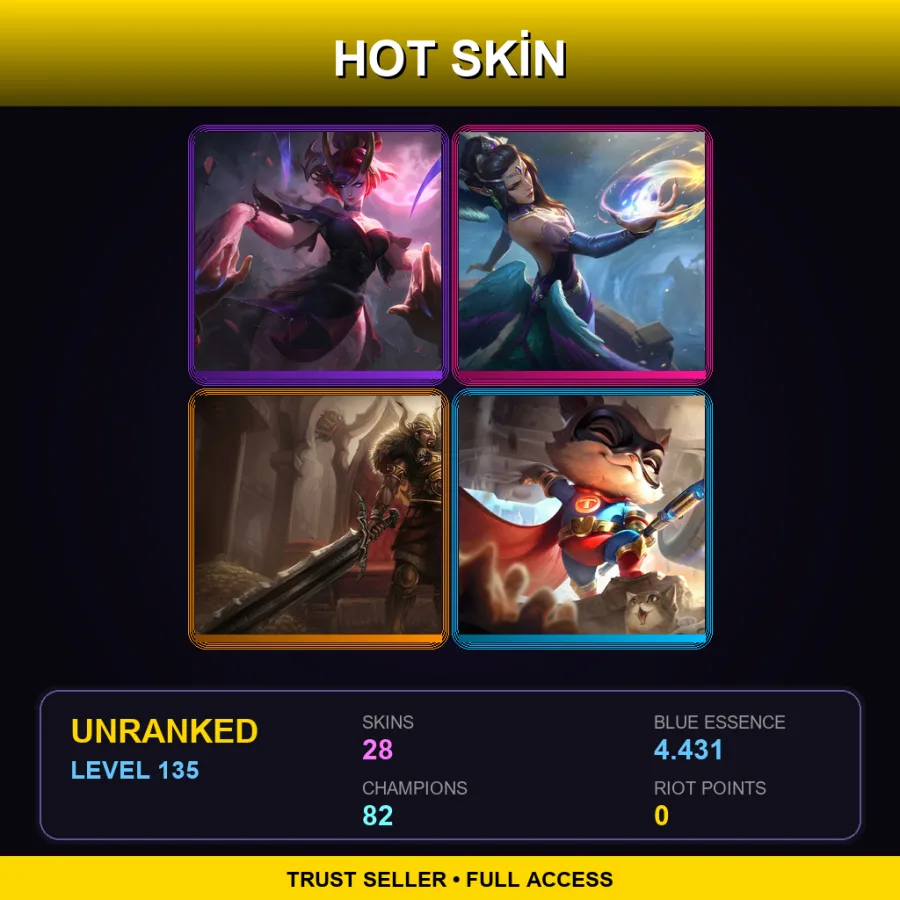 TR | Blood Moon Evelynn | Majestic Empress Morgana | Viking Tryndamere | Super Teemo | 28 Skin | 82 Champ | Lv135