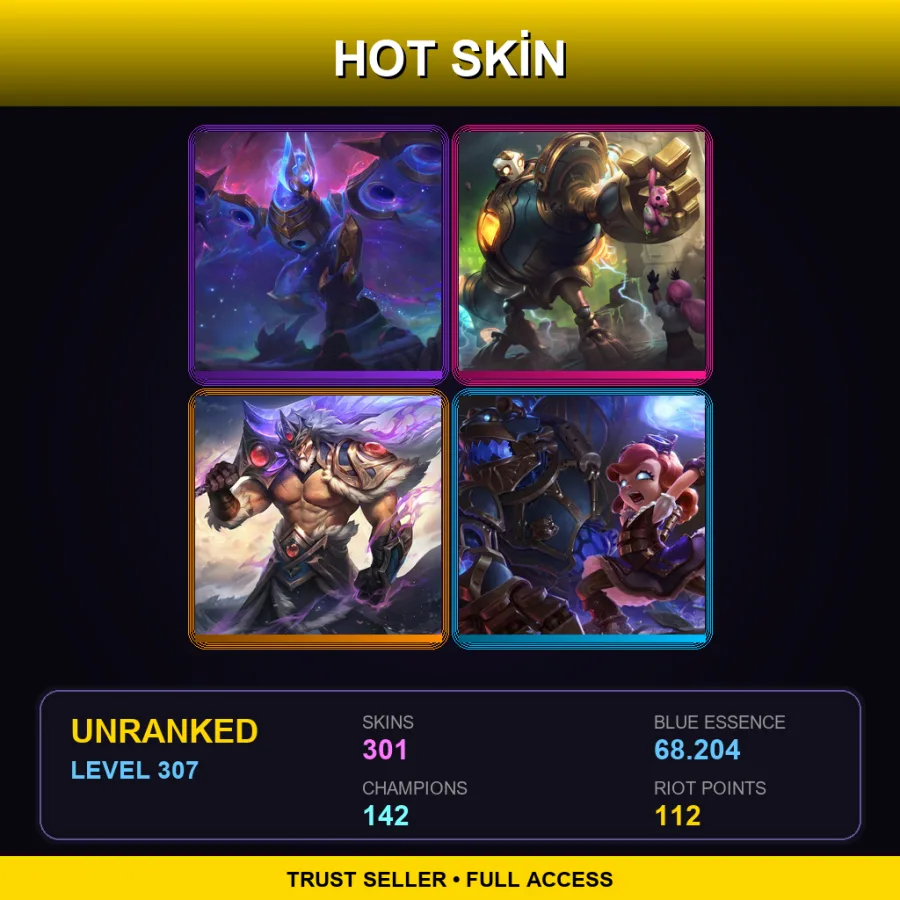 EUW | Lv307 | Unranked | 301 Skin | 142 Champ — LoL account