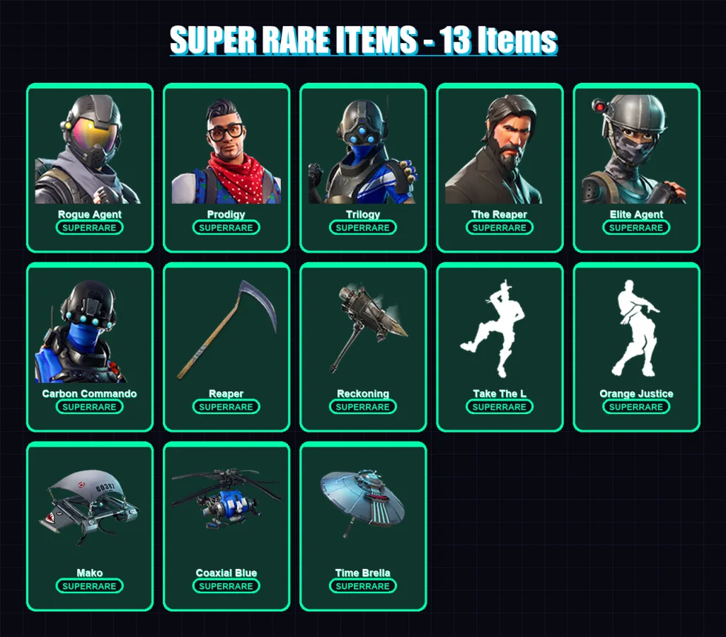 [PS4/PS5/PC] | Rogue Agent | Prodigy | Trilogy | The Reaper | Elite Agent | 53 skin | 40 pickaxe | 59 emote | 48 glider | Lv597