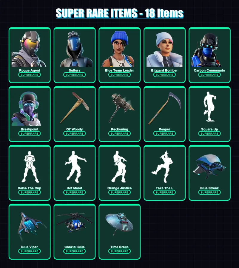 [PC] | Rogue Agent | Sultura | Blue Team Leader | Blizzard Bomber | Carbon Commando | 160 skin | 213 pickaxe | 150 emote | 160 glider | Lv2492