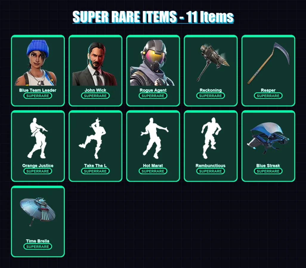 [PS4/PS5/XBOX/PC] | Blue Team Leader | John Wick | Rogue Agent | Wild Card | Luxe | 98 skin | 60 pickaxe | 89 emote | 68 glider | Lv1048