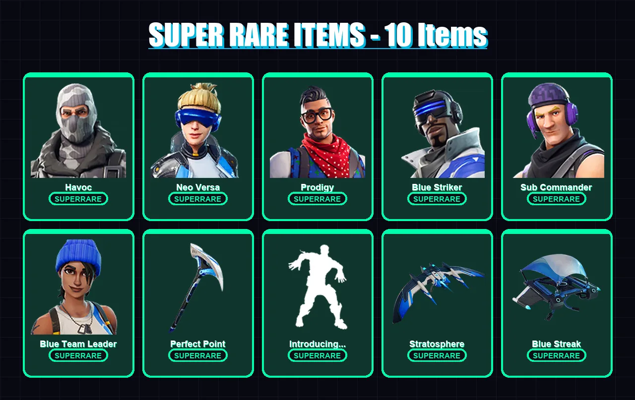 [PS4/PS5/XBOX/PC] | Havoc | Neo Versa | Prodigy | Blue Striker | Sub Commander | 16 skin | 26 pickaxe | 22 emote | 30 glider | Lv447