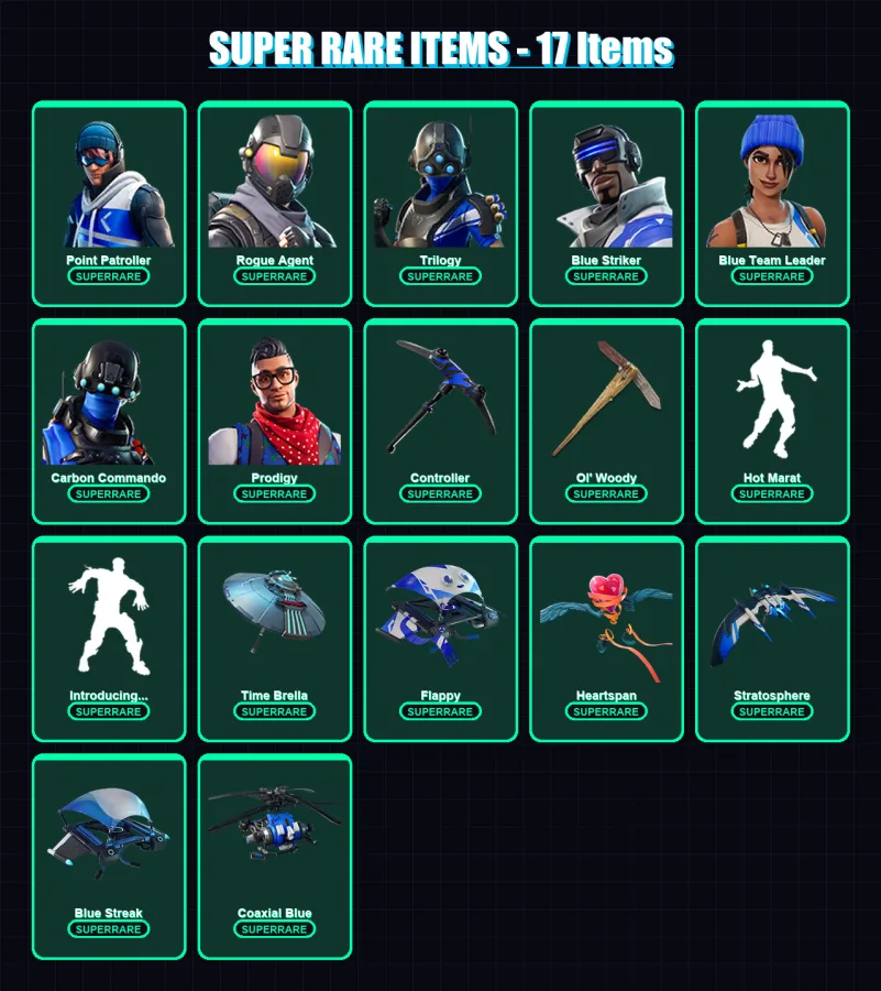 [PC/XBOX] | Point Patroller | Rogue Agent | Trilogy | Blue Striker | Blue Team Leader | 40 skin | 46 pickaxe | 34 emote | 38 glider | Lv589
