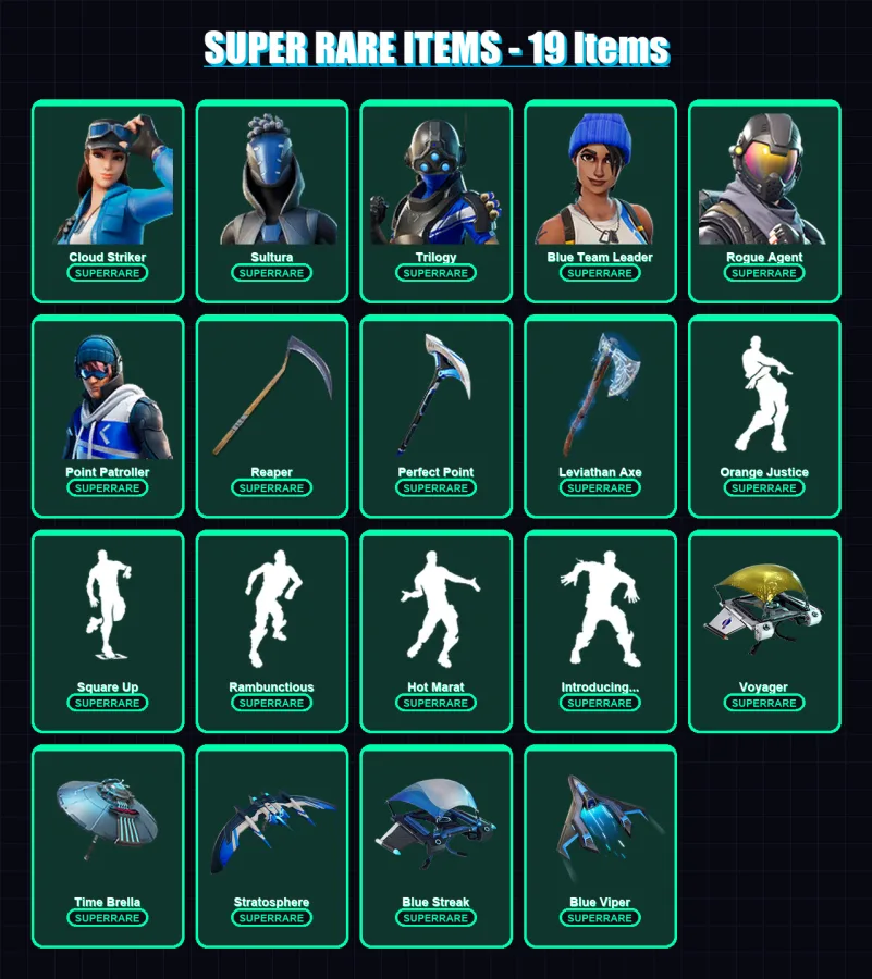 [PS4/PS5/XBOX/PC] | Cloud Striker | Sultura | Trilogy | Blue Team Leader | Rogue Agent | 208 skin | 266 pickaxe | 264 emote | 214 glider | Lv4067