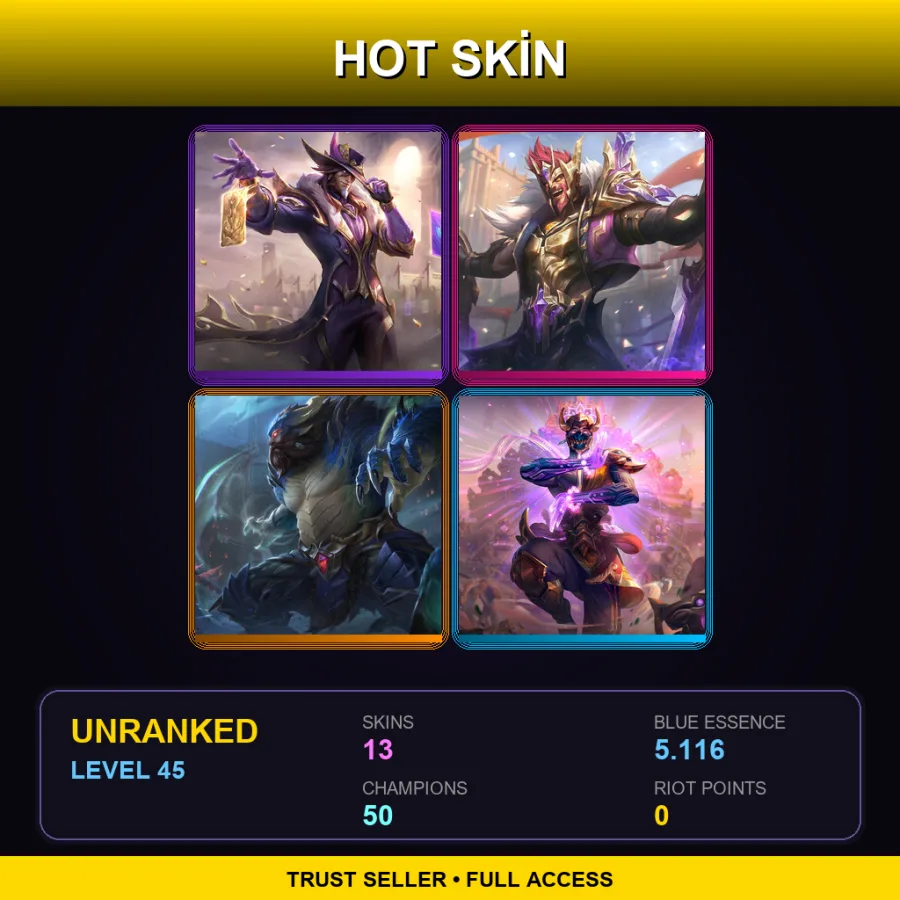 LAS | Lv45 | Unranked | 13 Skin | 50 Champ — Three Honors Akshan