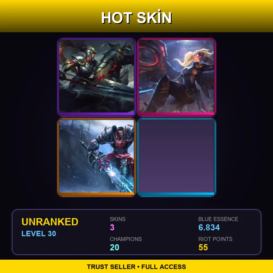 TR | Winged Hussar Xin Zhao | Riot Kayle | Dreadknight Garen | 3 Skin | 20 Champ | Lv30
