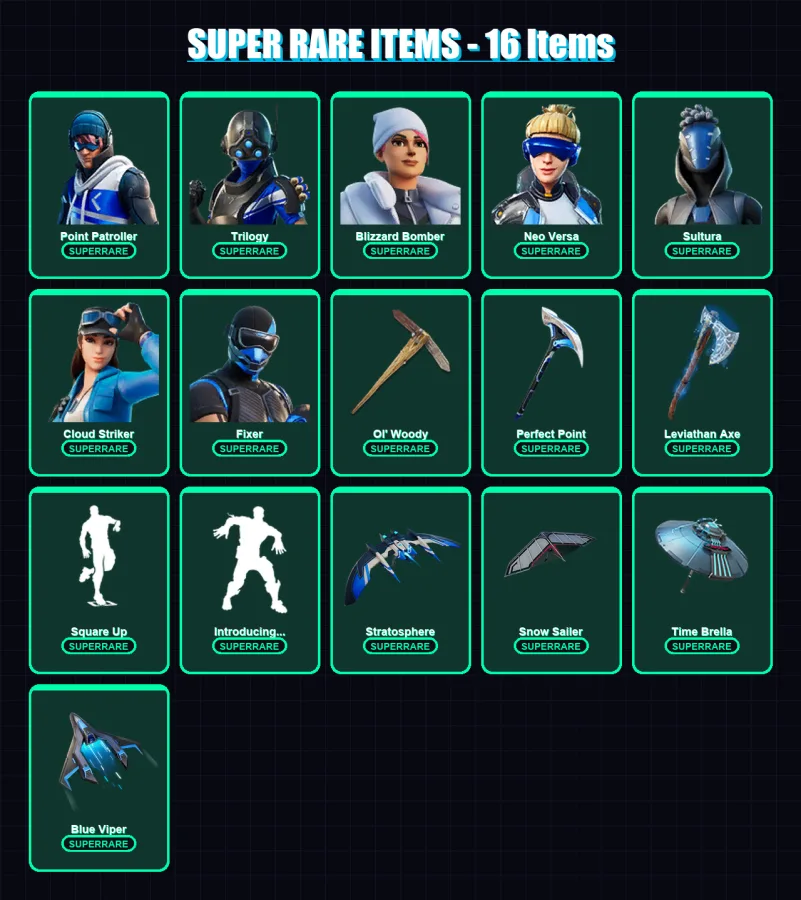 [PS4/PS5/XBOX/PC] | Point Patroller | Trilogy | Blizzard Bomber | Neo Versa | Sultura | 108 skin | 137 pickaxe | 93 emote | 105 glider | Lv1430