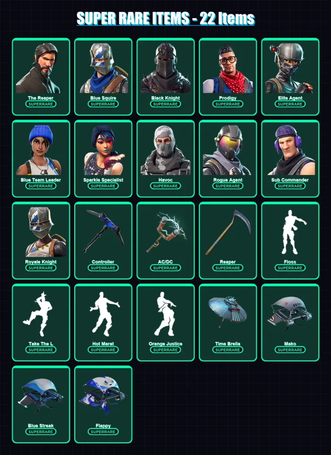 [PS4/PS5/XBOX/PC] | The Reaper | Blue Squire | Black Knight | Prodigy | Elite Agent | 70 skin | 99 pickaxe | 76 emote | 87 glider | Lv1406