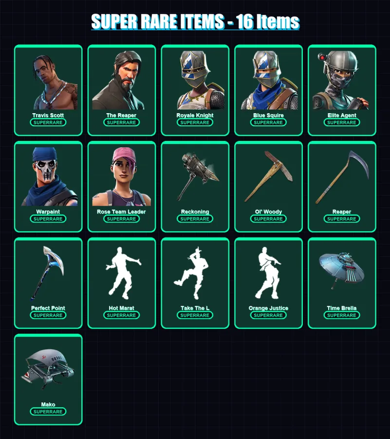 [PS4/PS5/XBOX/PC] | Travis Scott | The Reaper | Royale Knight | Blue Squire | Elite Agent | 122 skin | 153 pickaxe | 102 emote | 124 glider | Lv1800