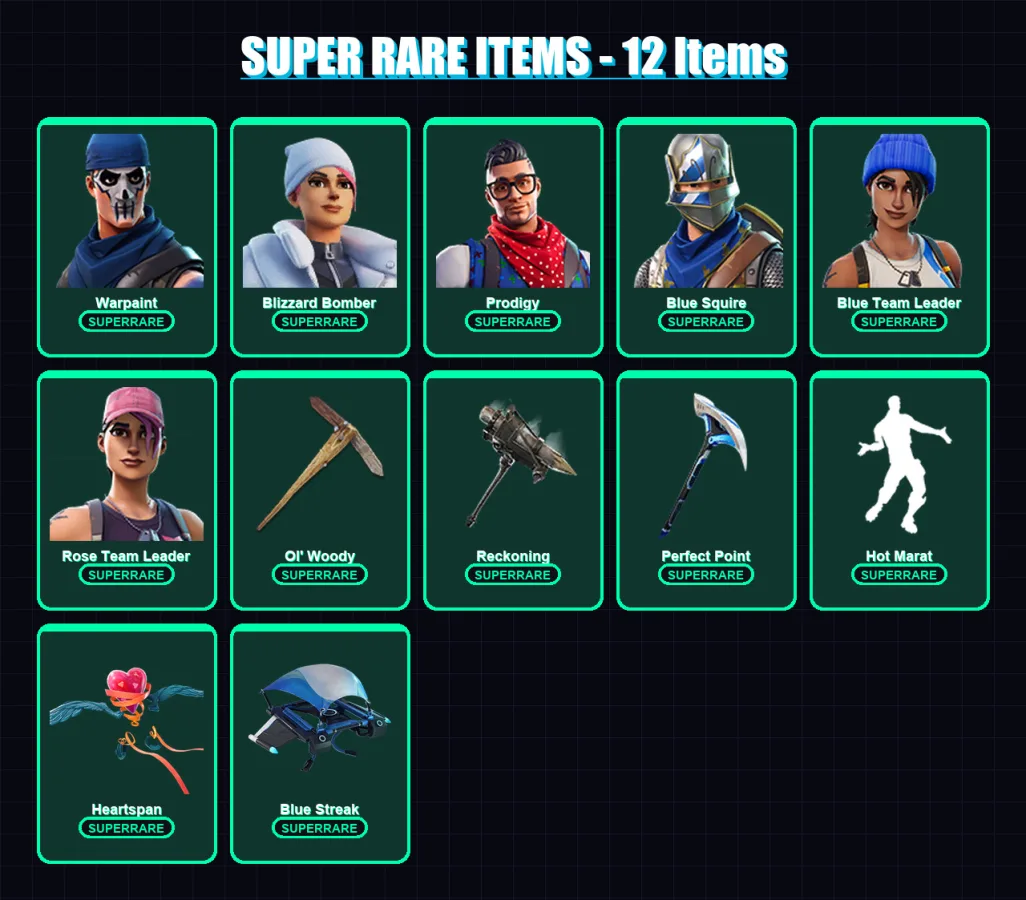 [PC/XBOX] | Warpaint | Blizzard Bomber | Prodigy | Blue Squire | Blue Team Leader | 52 skin | 73 pickaxe | 63 emote | 57 glider | Lv907