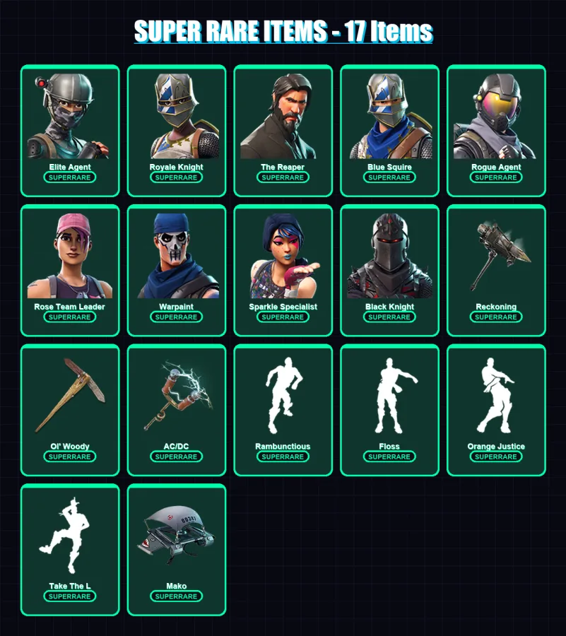 [PS4/PS5/XBOX/PC] | Elite Agent | Royale Knight | The Reaper | Blue Squire | Rogue Agent | 33 skin | 35 pickaxe | 43 emote | 43 glider | Lv544