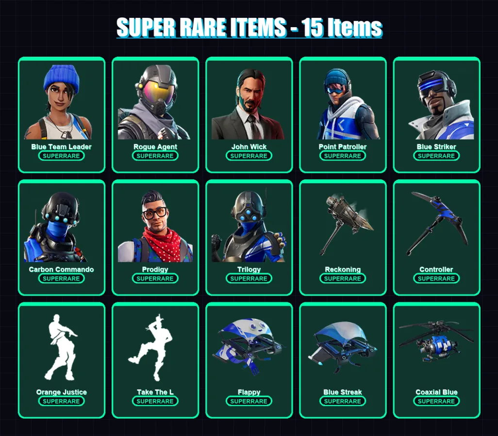 [SWITCH/XBOX/PC] | Blue Team Leader | Rogue Agent | John Wick | Point Patroller | Blue Striker | 83 skin | 92 pickaxe | 103 emote | 86 glider | Lv10