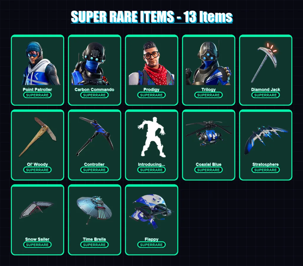 [PC] | Point Patroller | Carbon Commando | Prodigy | Trilogy | Snap | 103 skin | 113 pickaxe | 89 emote | 109 glider | Lv1560