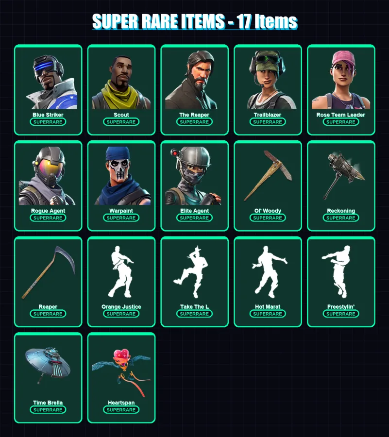 [PS4/PS5/XBOX/PC] | Blue Striker | Scout | The Reaper | Trailblazer | Rose Team Leader | 176 skin | 167 pickaxe | 145 emote | 139 glider | Lv1891
