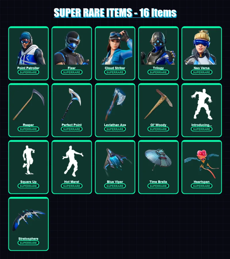 [PC] | Point Patroller | Fixer | Cloud Striker | Trilogy | Neo Versa | 162 skin | 190 pickaxe | 140 emote | 144 glider | Lv2098