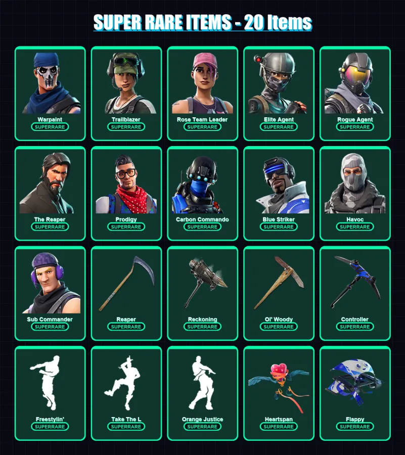 [PS4/PS5/XBOX/PC] | Warpaint | Trailblazer | Rose Team Leader | Elite Agent | Rogue Agent | 89 skin | 46 pickaxe | 56 emote | 44 glider | Lv456