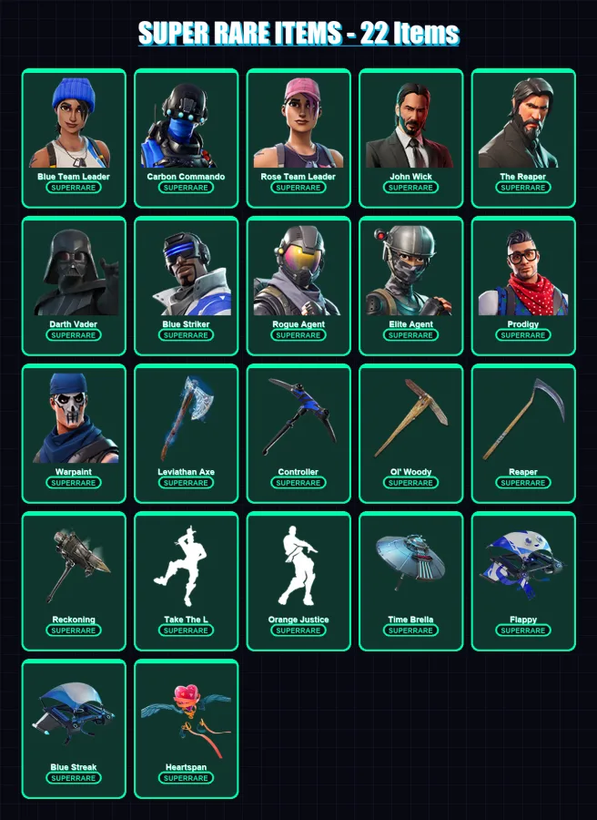 [PC/XBOX] | Blue Team Leader | Carbon Commando | Rose Team Leader | John Wick | The Reaper | 203 skin | 175 pickaxe | 154 emote | 126 glider | Lv206