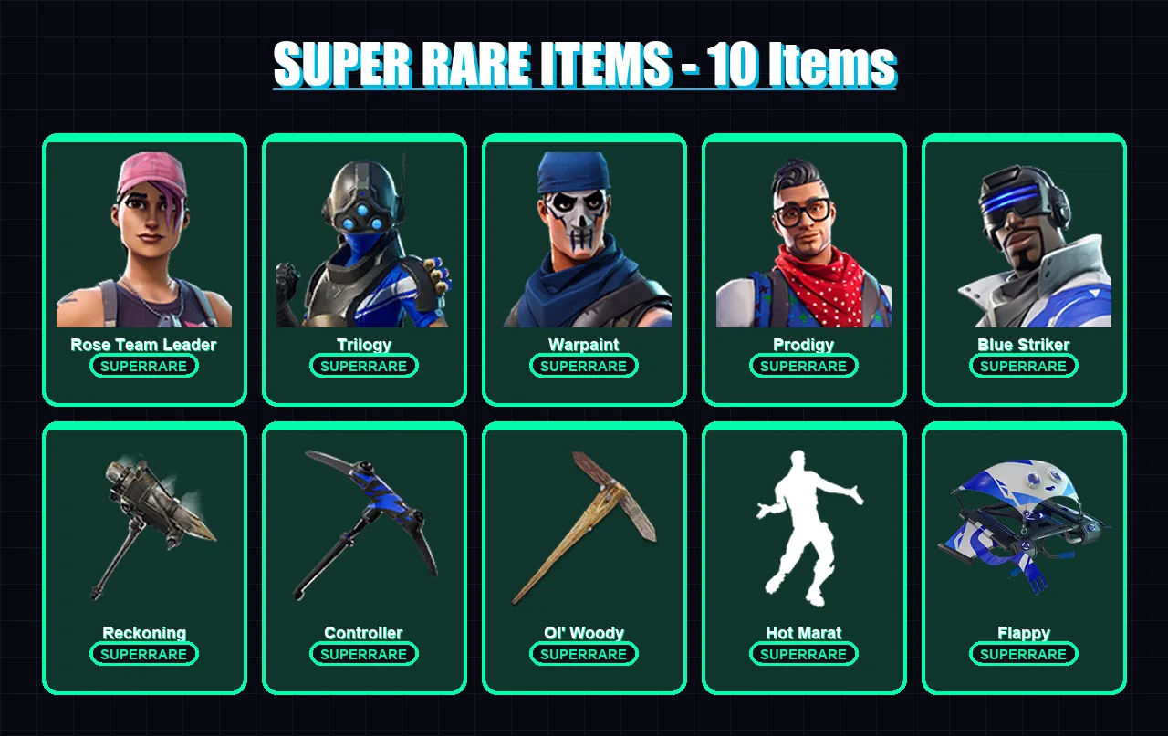 [PS4/PS5/XBOX/PC] | Rose Team Leader | Trilogy | Warpaint | Prodigy | Blue Striker | 31 skin | 44 pickaxe | 34 emote | 39 glider | Lv634