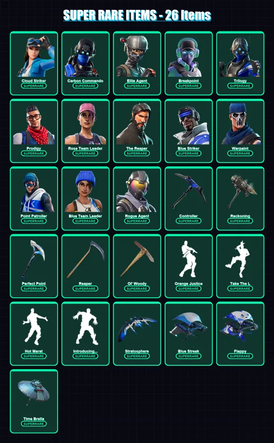 [PC/XBOX/PSN] | Cloud Striker | Carbon Commando | Elite Agent | Breakpoint | Trilogy | 206 skin | 177 pickaxe | 182 emote | 154 glider | Lv1965