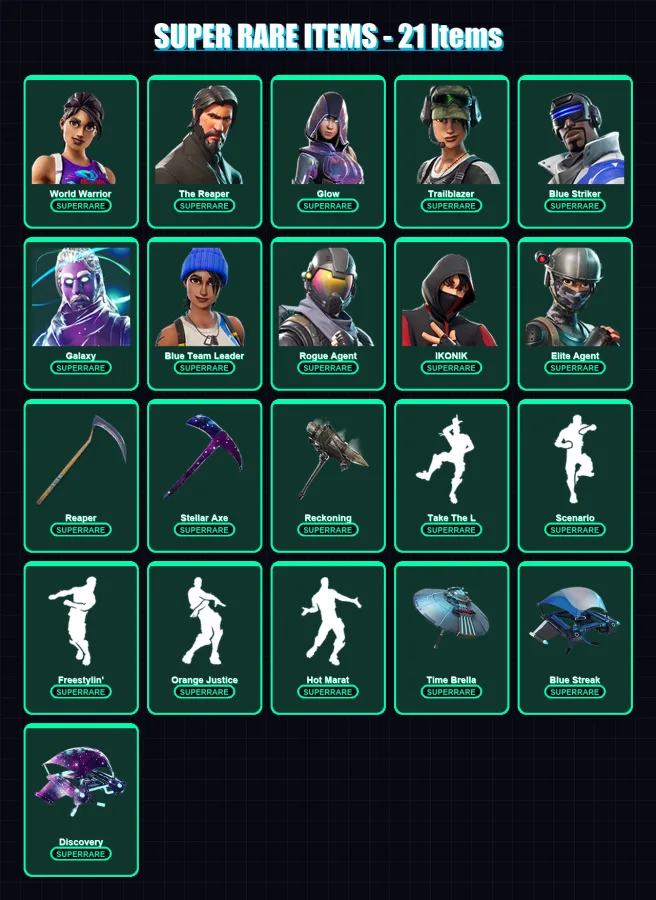[PC/XBOX/PSN] | World Warrior | The Reaper | Glow | Trailblazer | Blue Striker | 244 skin | 182 pickaxe | 150 emote | 151 glider | Lv2387