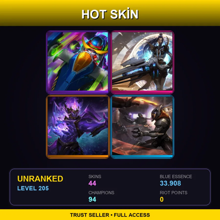 LAN | Lv205 | Unranked | 44 Skin | 94 Champ — LoL account