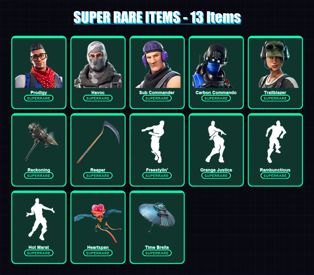 [PS4/PS5/XBOX/PC] | Prodigy | Havoc | Sub Commander | Carbon Commando | Trailblazer | 92 skin | 76 pickaxe | 116 emote | 81 glider | Lv1433