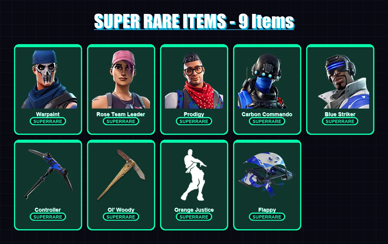 [PS4/PS5/XBOX/PC] | Warpaint | Rose Team Leader | Prodigy | Carbon Commando | Blue Striker | 51 skin | 40 pickaxe | 74 emote | 41 glider | Lv515